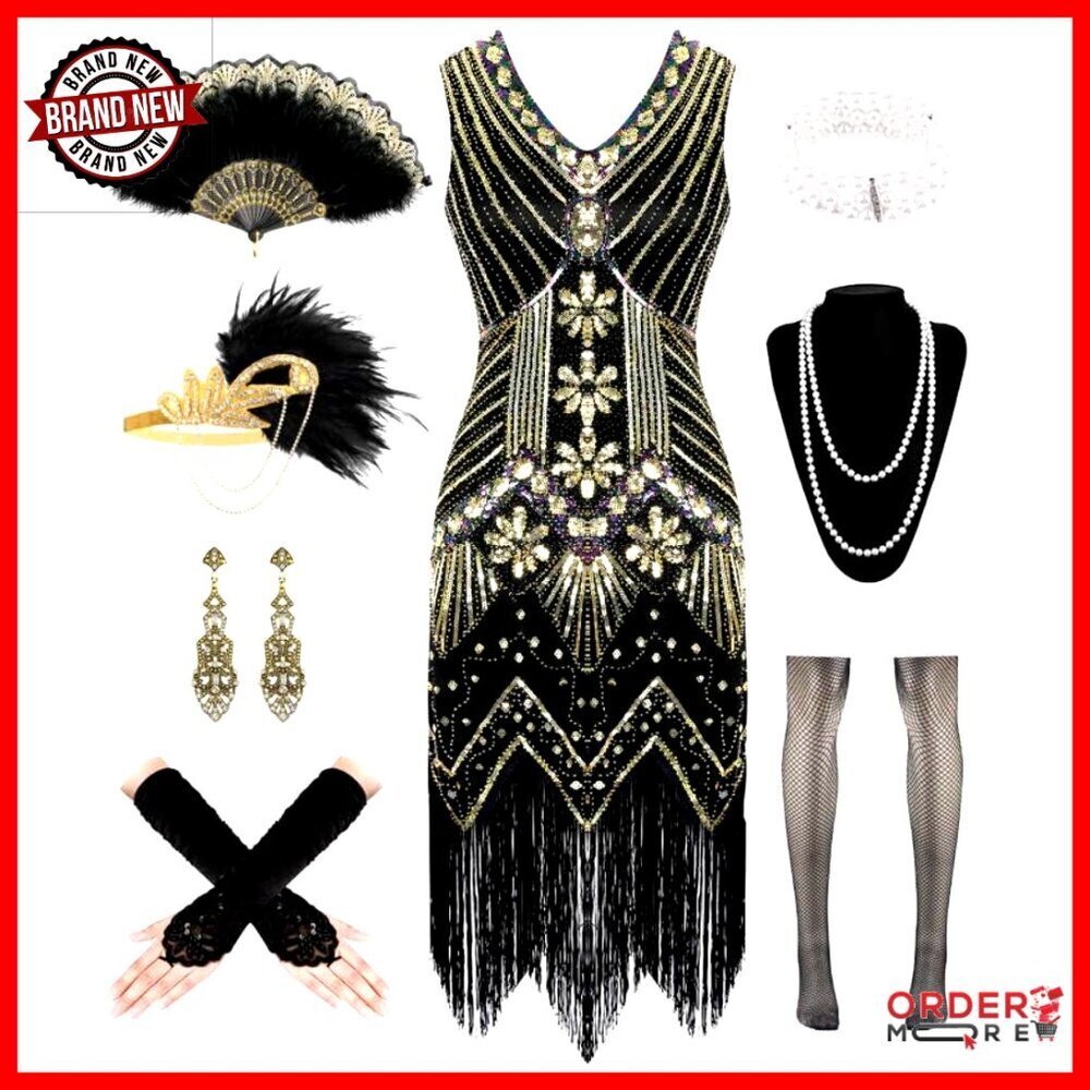 1920s Flapper Dress Set with Accessories, Polyester Fabric, Vintage Costume